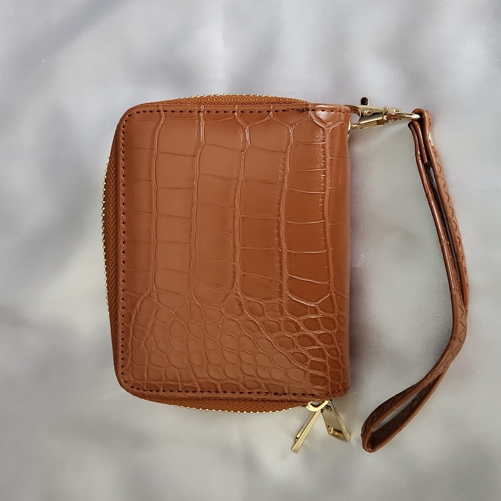 Gingerbread colored  Croc-Embossed Wallet with Wrist Strap